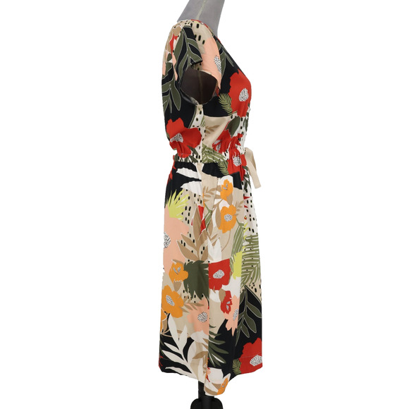 Loft Dress Petites 10P Beige Red Black Floral Cotton Blend Button Up Pockets - Picture 5 of 16